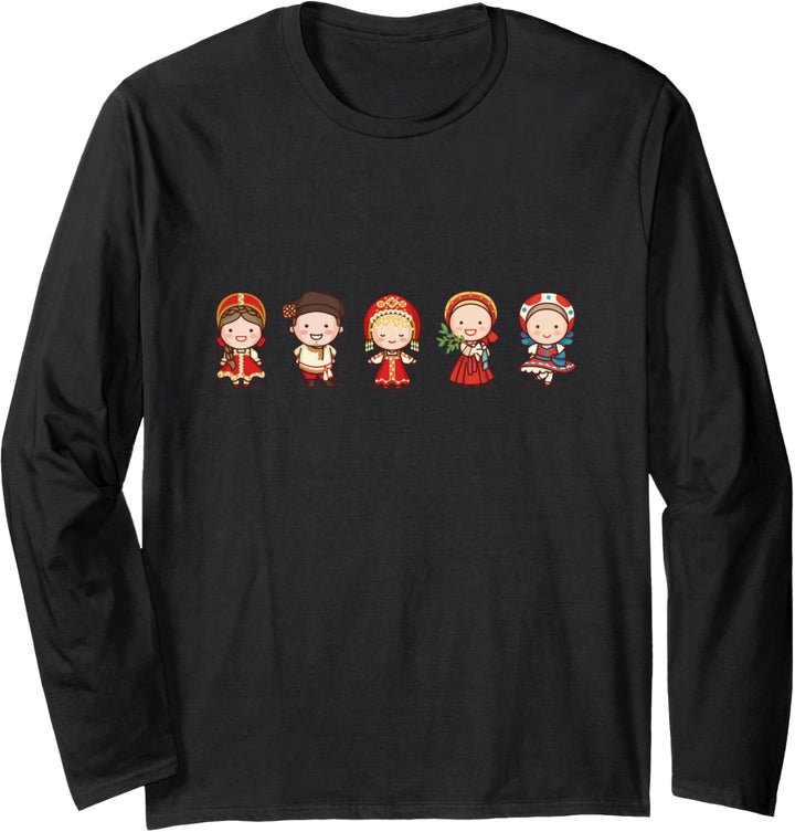Niedliche traditionelle russische Figuren in russischer Langarmshirt