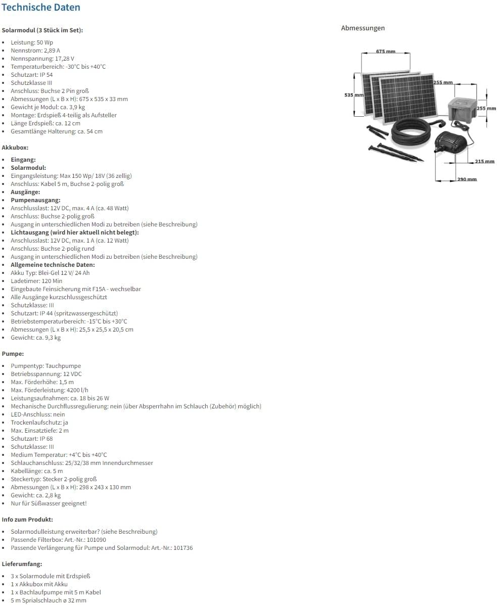 Esotec Solar Bachlaufpumpenset mit Akku 150/4200 proBatt, Solar Bachlaufpumpe 4200 l/h 12 VDC, Teich