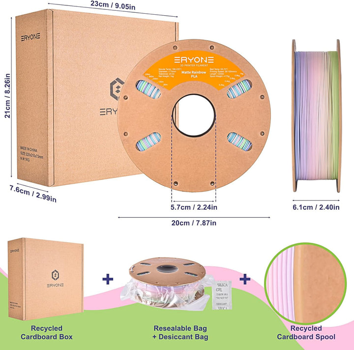 ERYONE Matte PLA 3D Drucker Filament 1.75mm,Multicolor Matte Rainbow PLA Filament, Massgenauigkeit +