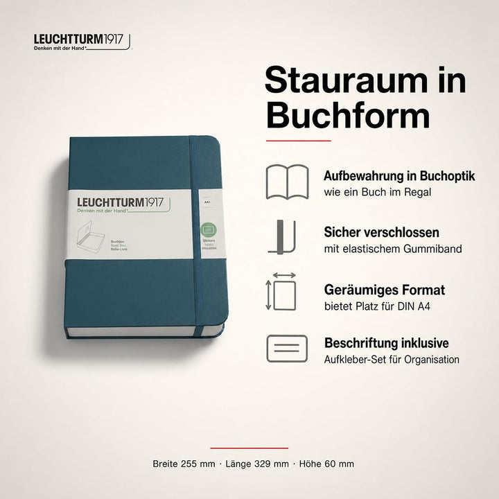 LEUCHTTURM1917 361662 Buchbox - Schachtel, Notizbuch-Look, 255 x 329 x 60 mm, mit Aufklebern, Gummi,