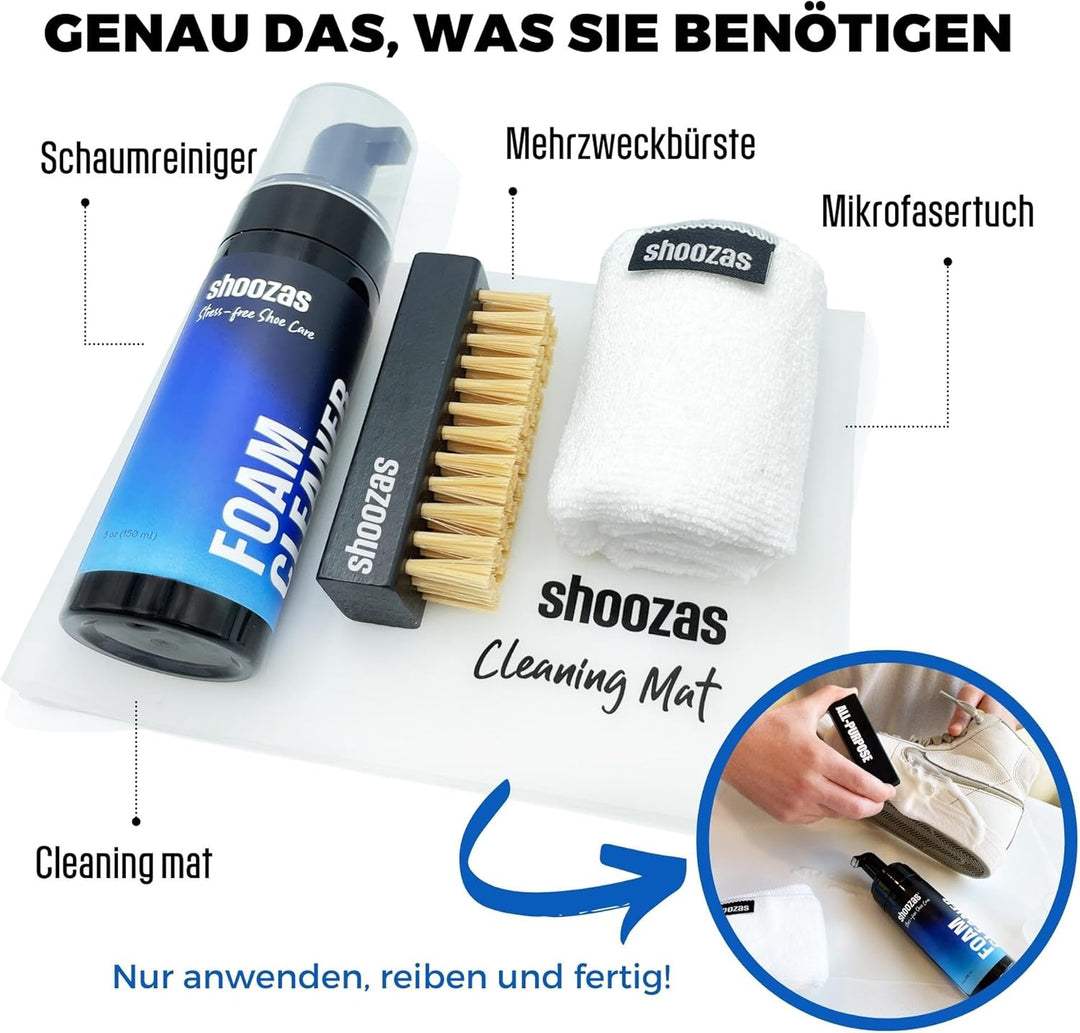 SHOOZAS - Kit zur Schuhreinigung - Schaumreiniger, Wasserdichte Matte, Bürste und Mikrofasertuch - I