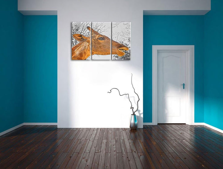 anmutige Giraffe isst schwarz/weiss Deluxe 3-Teiler Leinwandbild 120x80 Bild auf Leinwand, XXL riesi