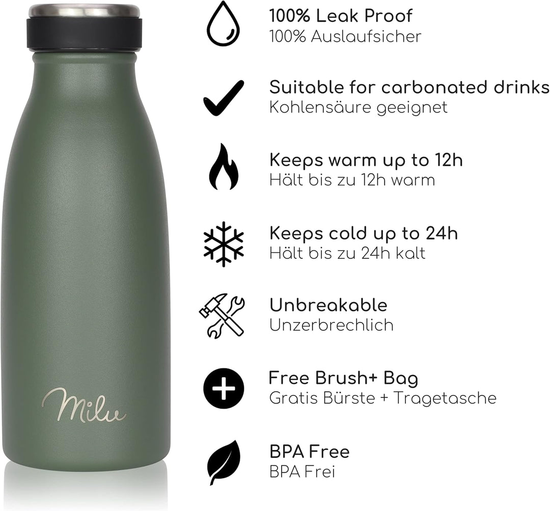 Milu Edelstahl Trinkflasche 350ml, 500ml, 750ml, 1L, 1,5L – Thermosflasche für Kinder Erwachsene aus