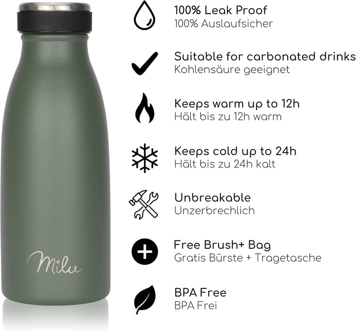 Milu Edelstahl Trinkflasche 350ml, 500ml, 750ml, 1L, 1,5L – Thermosflasche für Kinder Erwachsene aus