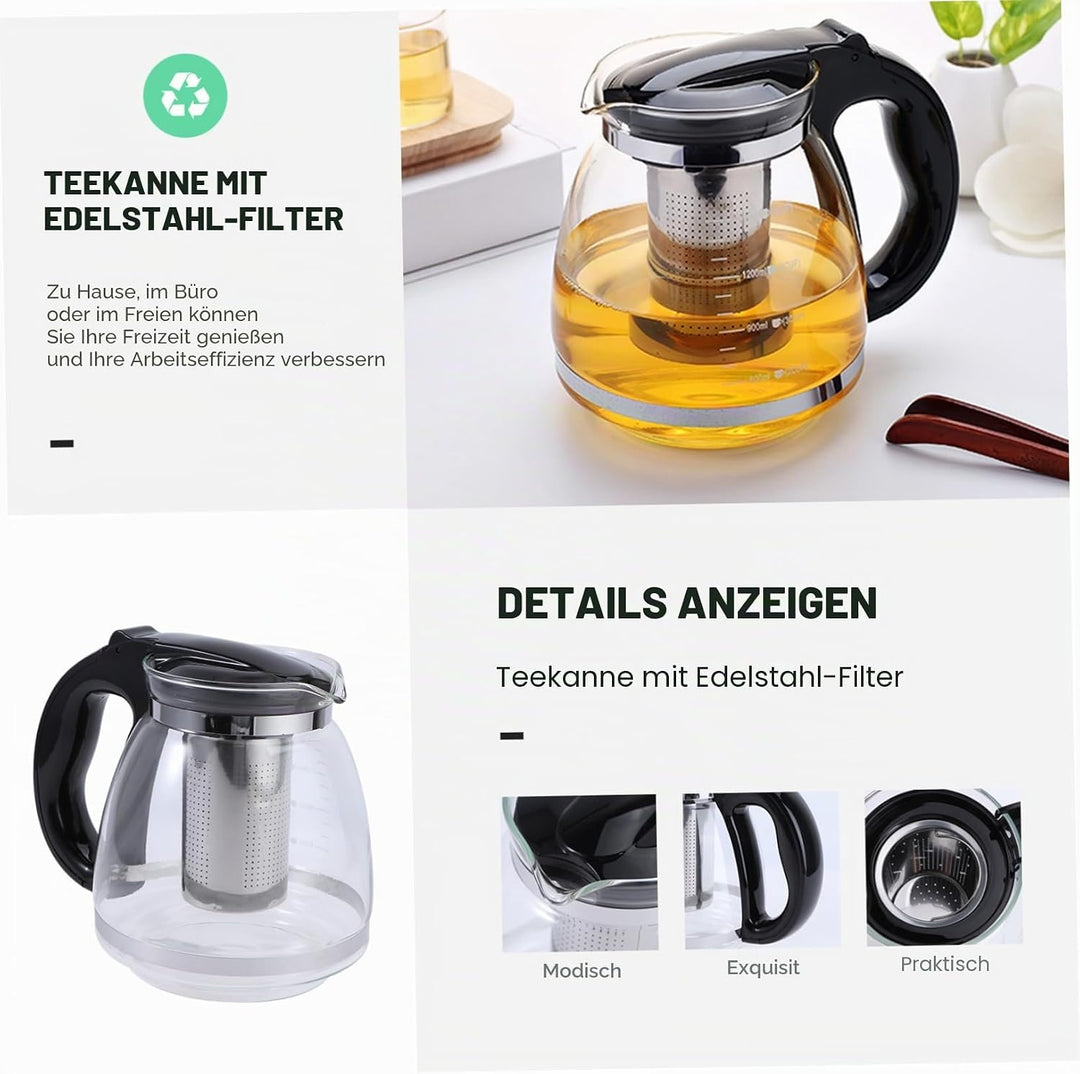 OUNONA Glas-Teekanne, Edelstahl-Filtergriff, hitzebeständig, 1500 ml, Schwarz