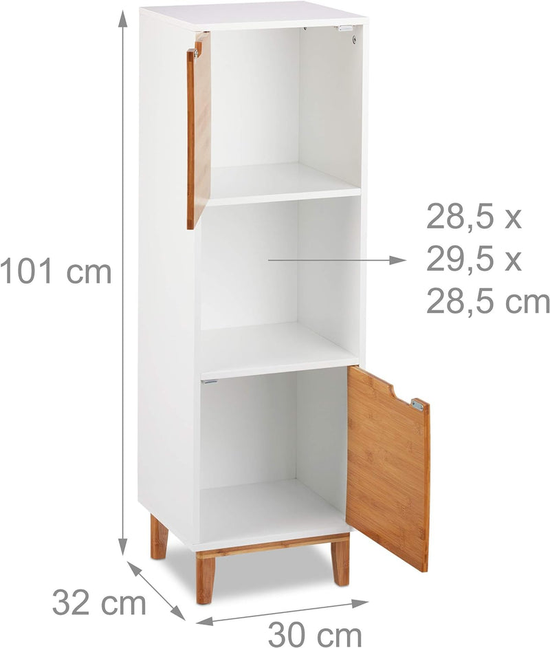 Relaxdays Standregal weiss, Beistellschrank aus MDF und Bambus, Wohnzimmerregal, skandinavisch, HBT