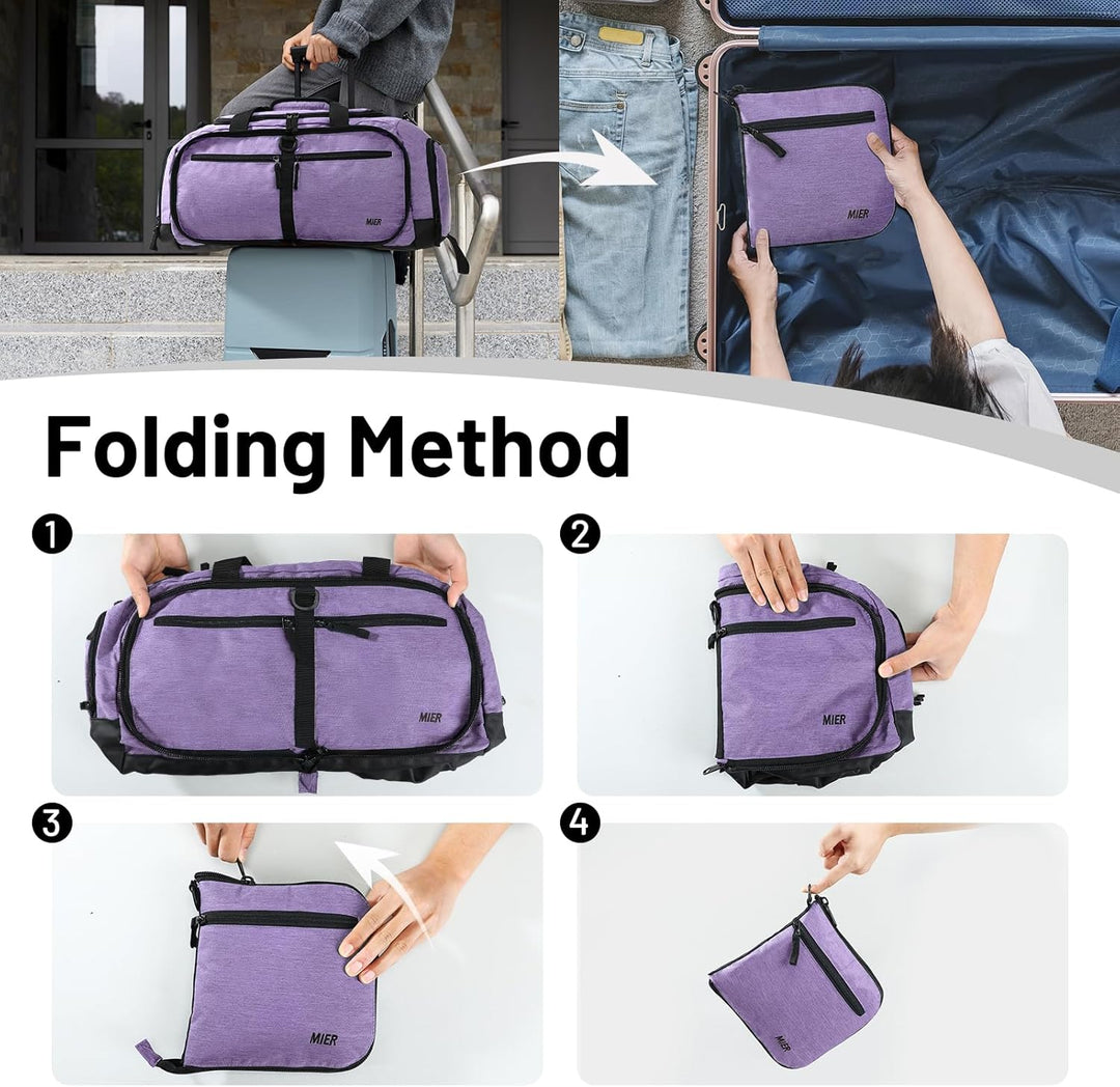 MIER Sporttasche 50L faltbar, Reisetasche mit Schuhfach, Weekender, Lila | Separates belüftetes Schu