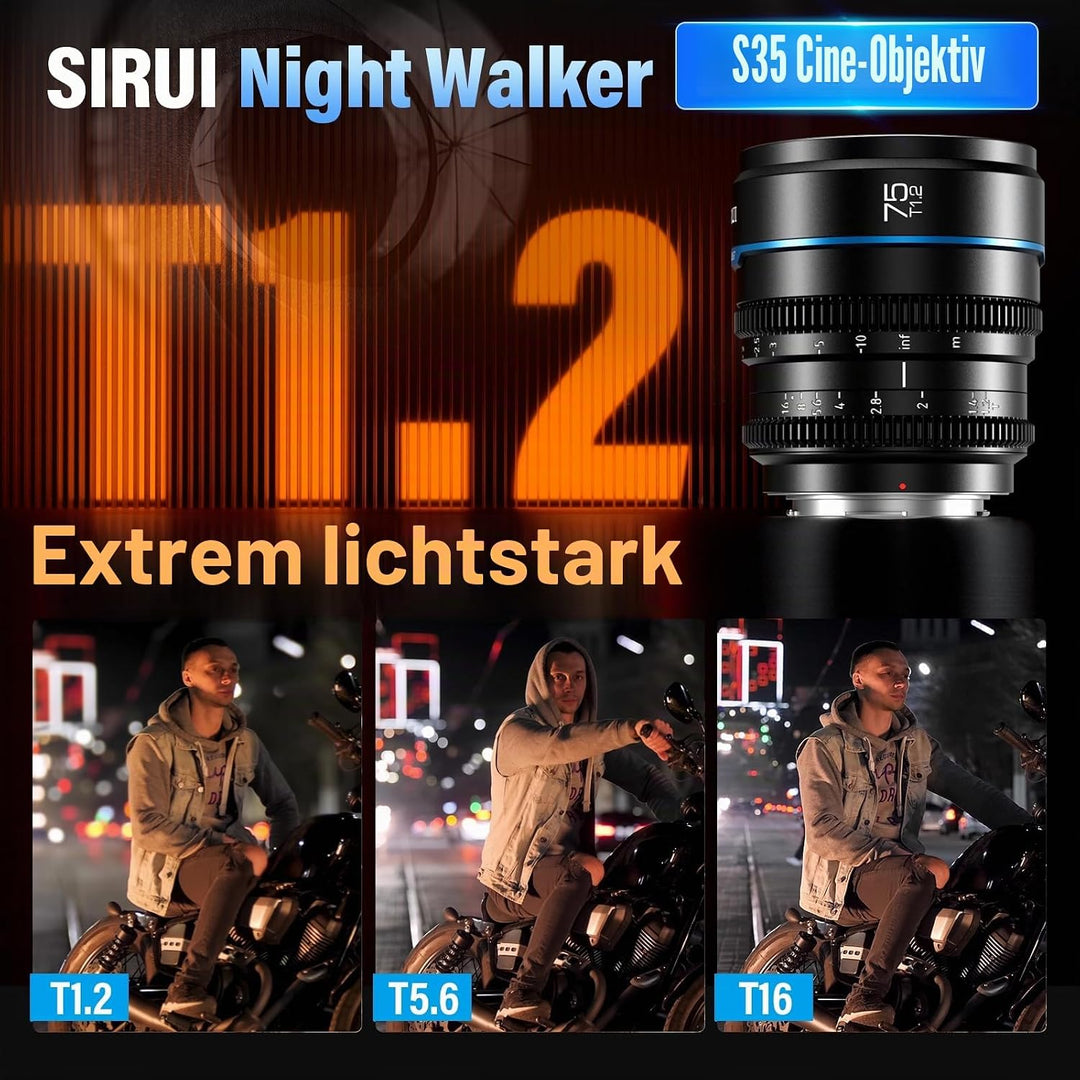 SIRUI Night Walker 75 mm T1.2 S35 Teleobjektiv Cine Objektiv, grosse Blende, manueller Fokus, MS75M-