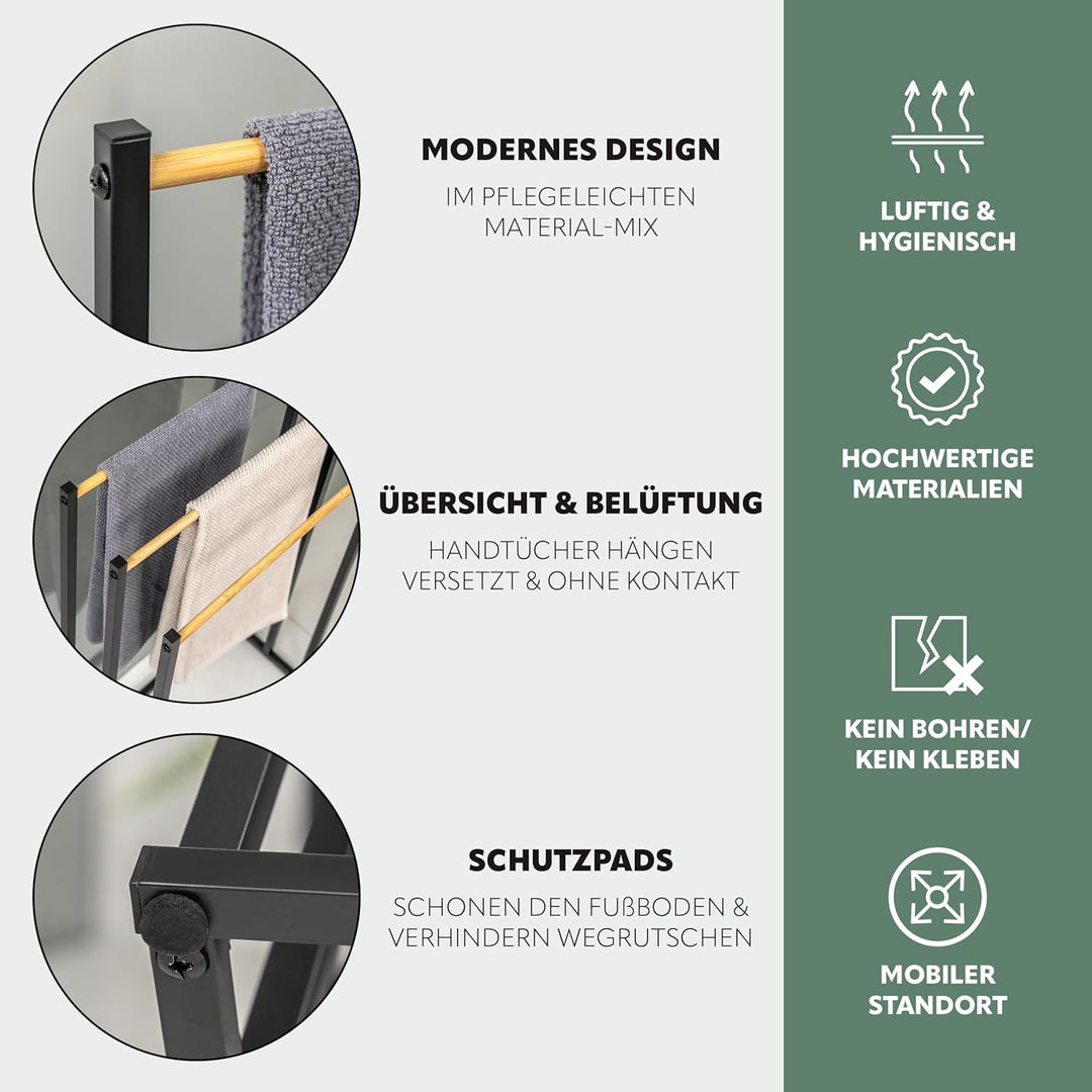 eluno Stand-Handtuchhalter freistehend, 3 Stangen, Handtuchständer, Bambus (schwarz), Schwarz