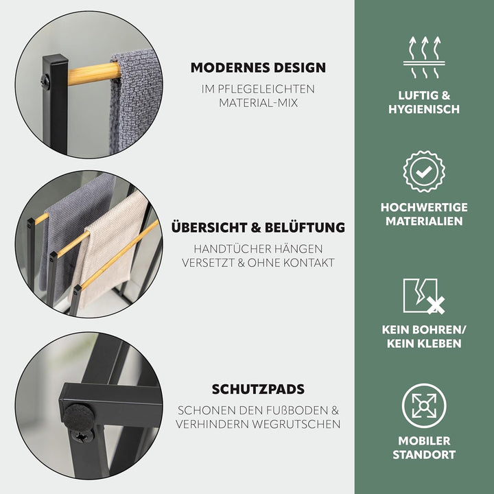 eluno Stand-Handtuchhalter freistehend, 3 Stangen, Handtuchständer, Bambus (schwarz), Schwarz