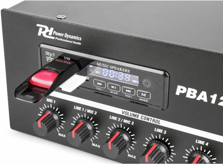 Power Dynamics PBA120 100 V Verstärker 120 W mit MP3-Player, Tuner und Bluetooth