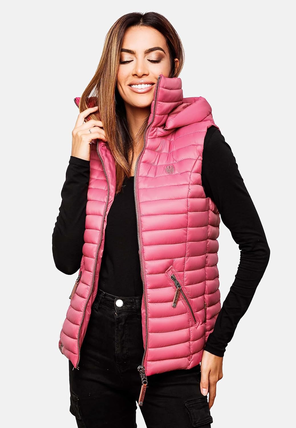 Navahoo Damen Übergangsjacke leichte Steppweste mit Abnehmbarer Kapuze Shadaa XS-3XL XS Himbeere, XS
