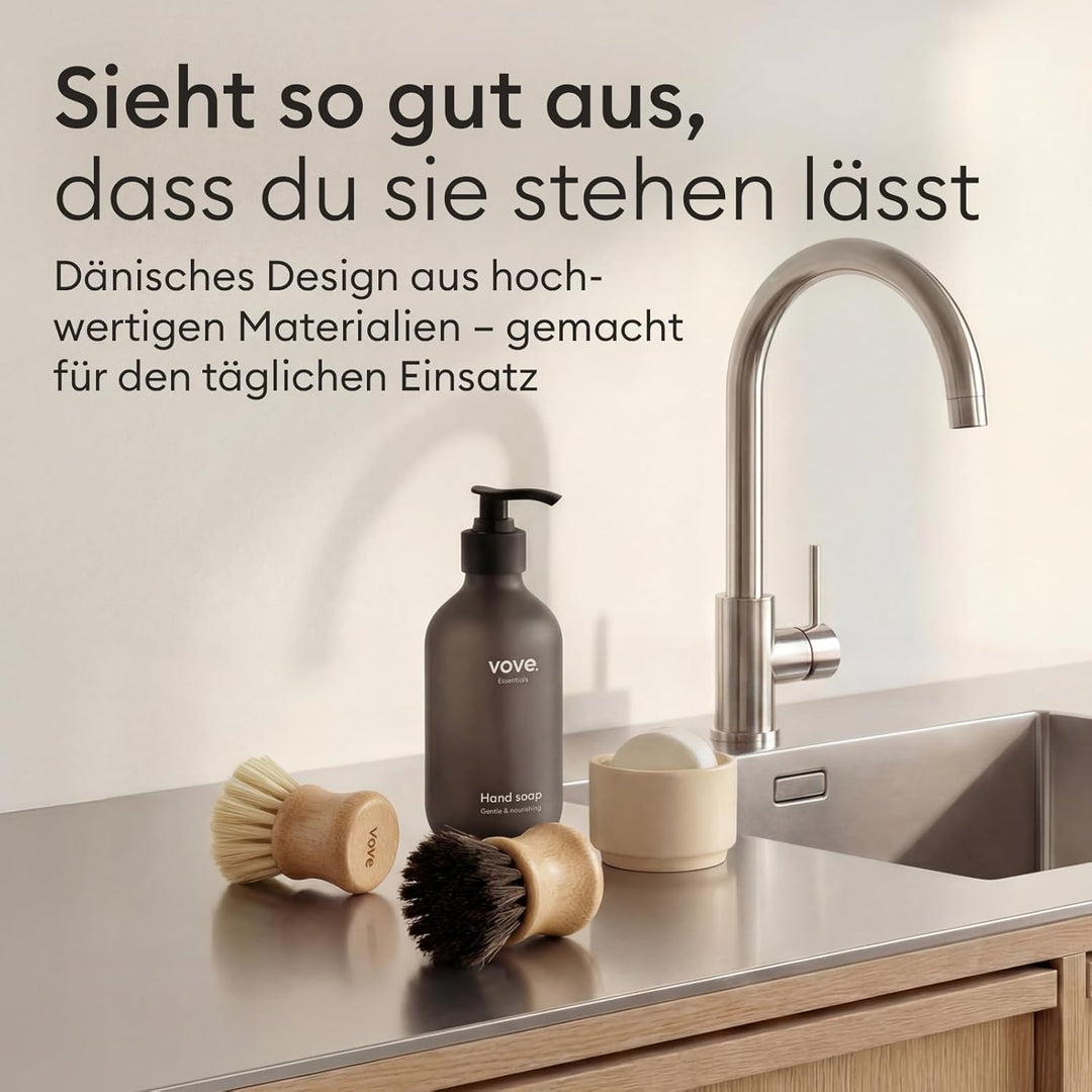 Vove Küchen-Reinigungsset – Bambus-Spülbürste mit Ersatzkopf, 2 Scheuerbürsten & 2 Scheuerschwämme –