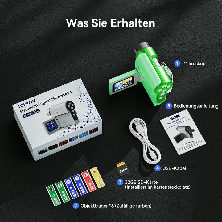 TOMLOV P20 Handheld Digital Mikroskop, 3-in-1 Taschenmikroskop für Kinder, Tragbare 1080P DV Kamera