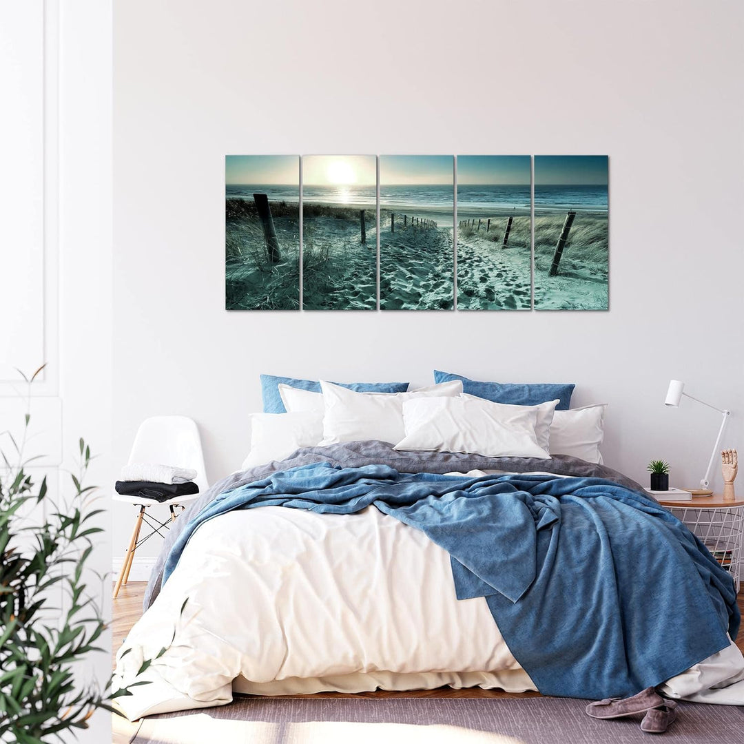 Runa Art Wandbild XXL Strand Sonnenuntergang Schlafzimmer Wohnzimmer 200 x 80 cm Türkis Grau 5 Teili