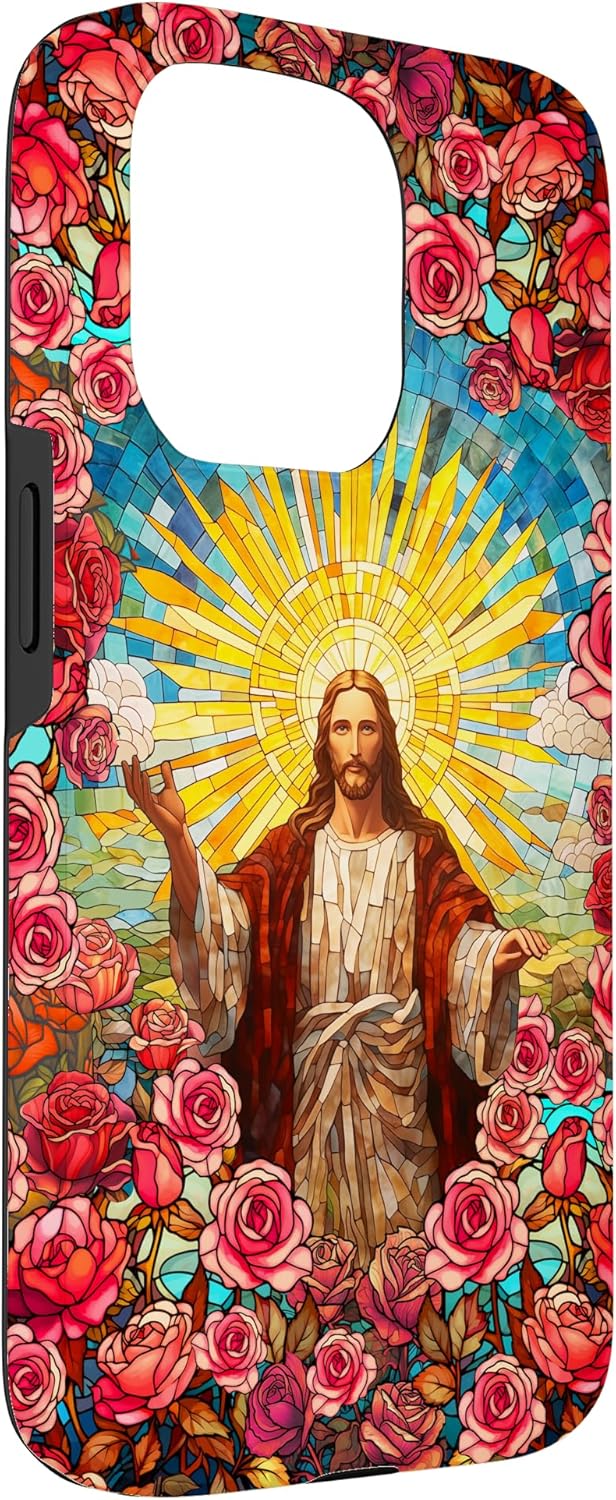 Jesus Roses Floral Buntglas Look Christian Faith Rose Hülle für iPhone 15 Pro, iPhone 15 Pro