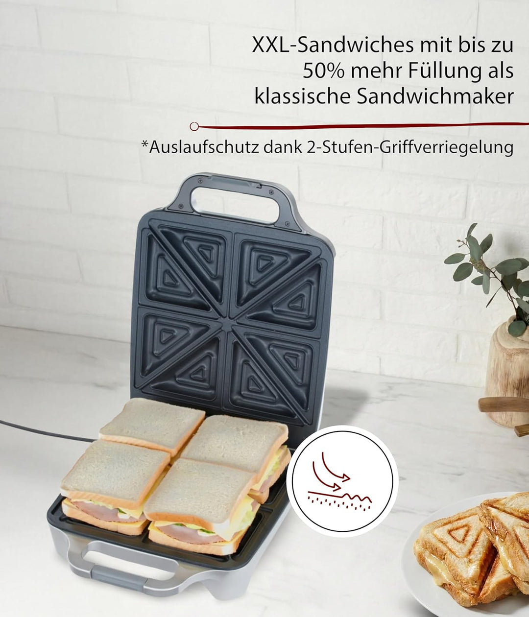 Cloer 6269 Sandwichmaker XXL / 1800 W / für 4 Sandwiches / American Toast / XXL-Füllung / optische F