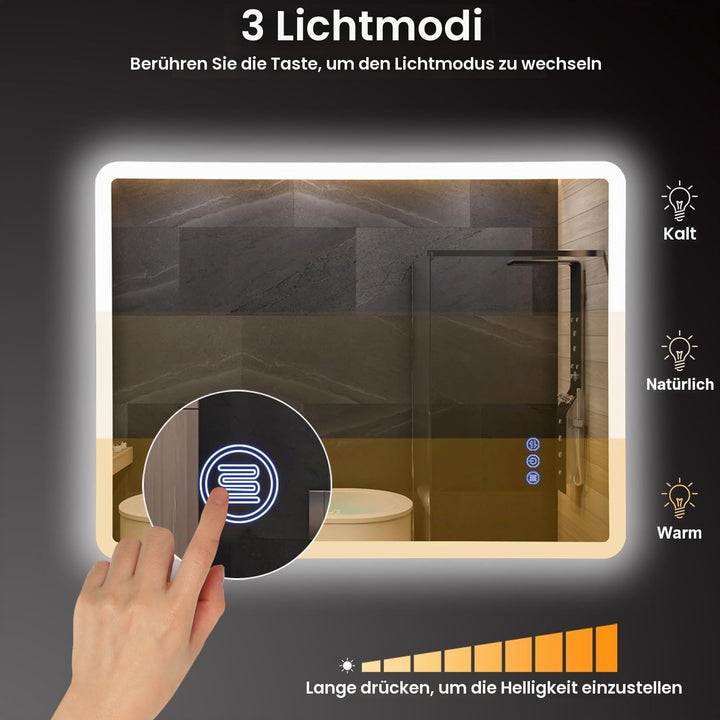 baklon Badspiegel mit Beleuchtung 800x600mm, Badezimmerspiegel Wandspiegel und Touch-Schalter, IP65-