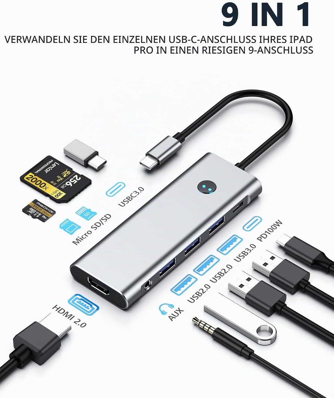 USB C HUB for iPad Pro Adapter 4K 60Hz HDMI, 100W PD, SD/TF Card Reader, 3 USB A Port, 3.5mm Audio J