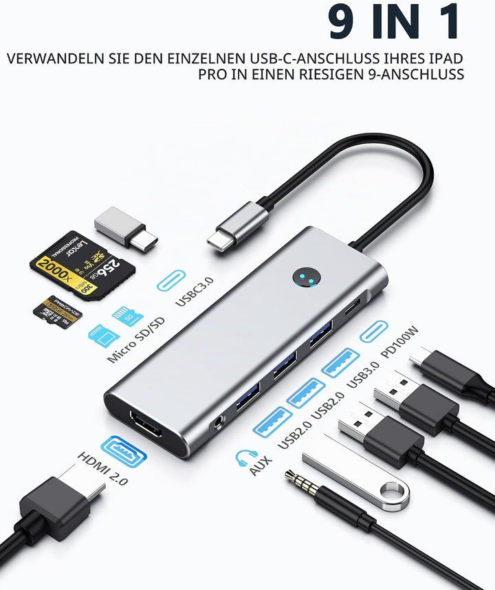 USB C HUB for iPad Pro Adapter 4K 60Hz HDMI, 100W PD, SD/TF Card Reader, 3 USB A Port, 3.5mm Audio J