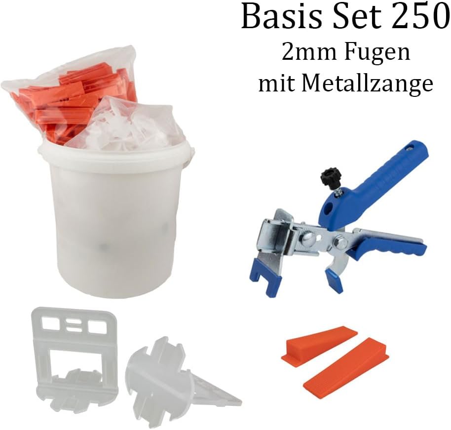 Fliesen Nivelliersystem 2 mm Basis-Set 250 Laschen u. 250 Keile + Metallzange Basis-Set 250L+250K+M-