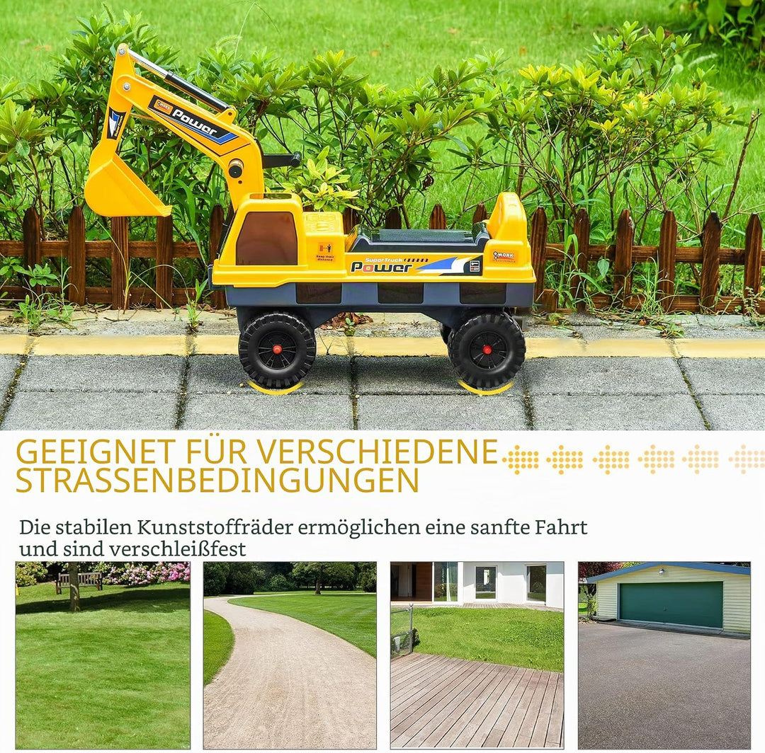 Homcom Kinder Tritor Lauflernhilfe Traktor 2 – 3 Jahre Bagger mit Gelenk, mit Zange inkl. Soundeffek