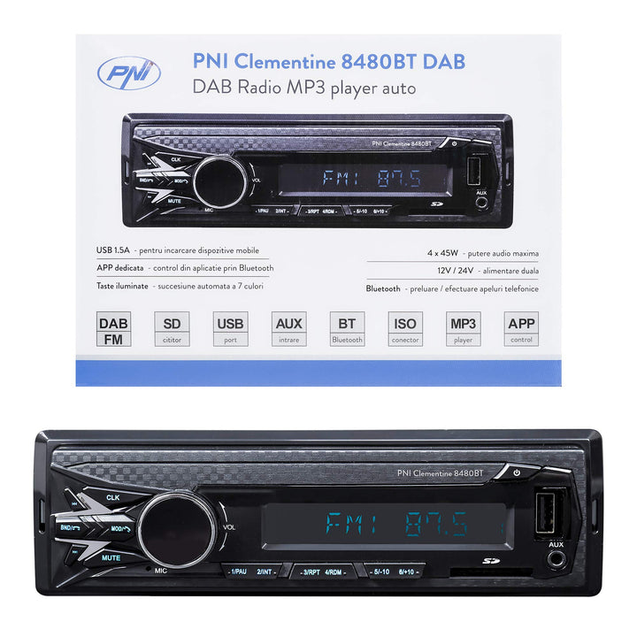 DAB MP3 Autoradio PNI Clementine 8480BT, 4x45w, 12 / 24V, 1 DIN, mit SD, USB, AUX, RCA, Bluetooth un
