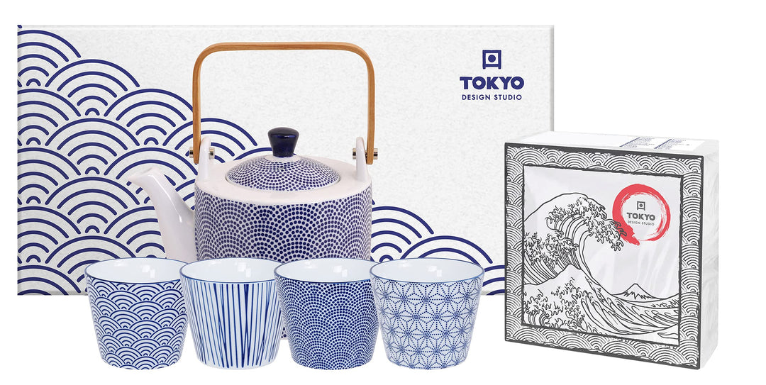TOKYO design studio Nippon Blue Tee-Set blau-weiss, 5-TLG., 1x Tee-Kanne 0,8 l und 4X Tee-Tassen 180