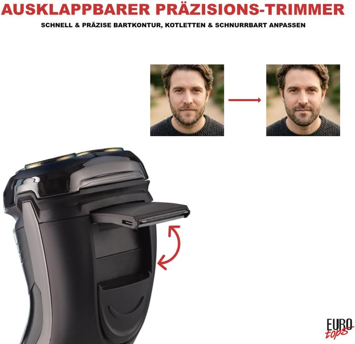 EUROtops Herren Elektro-Rasierer mit 3 Scherköpfen – LC-Display/Lade-Station, Kabelloser Nass- / Tro