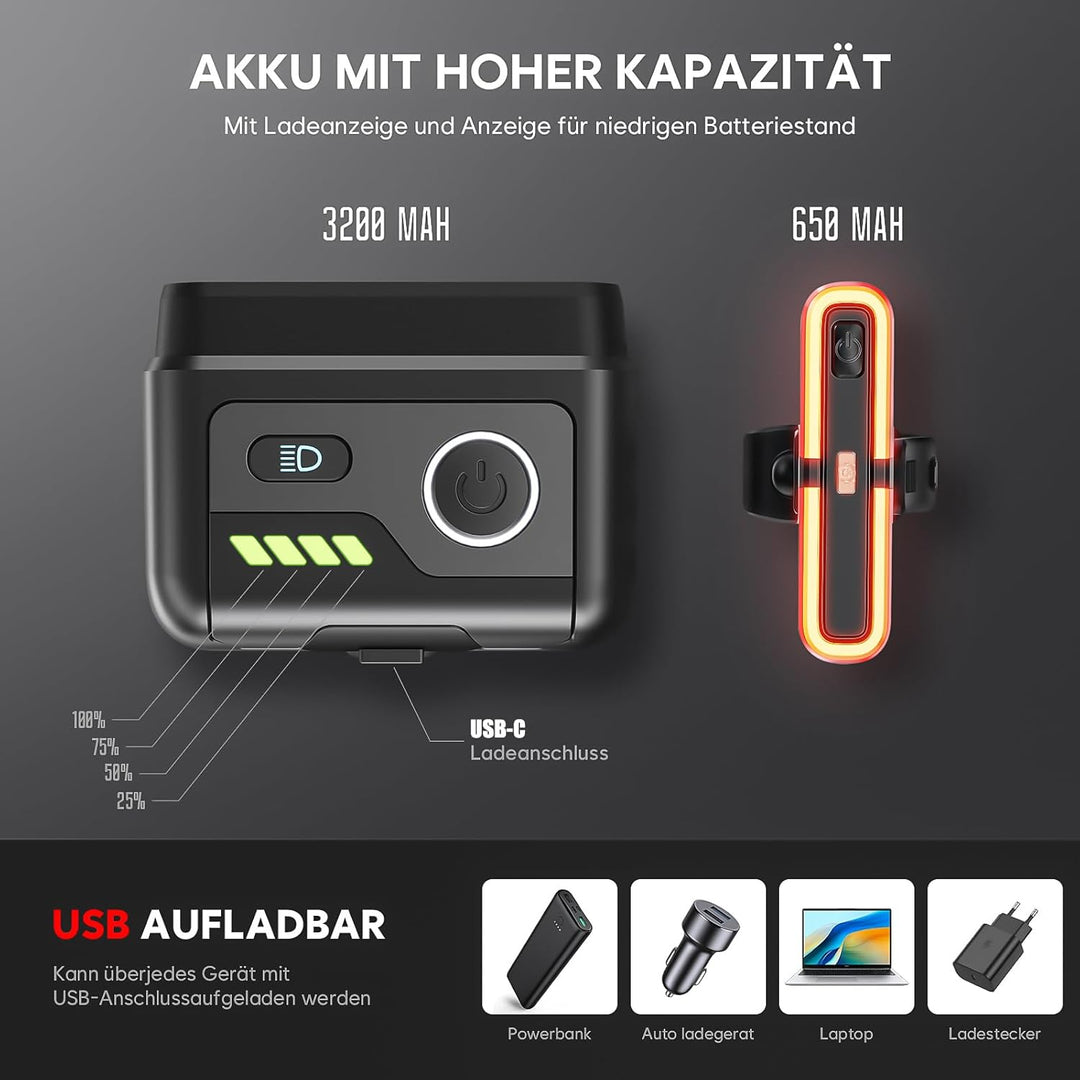 Fahrradlicht Set, 100LUX, Mit Sensorbremse und Fernlichtfunktion, 3200mAh Akku, StVZO zugelassen, Ty