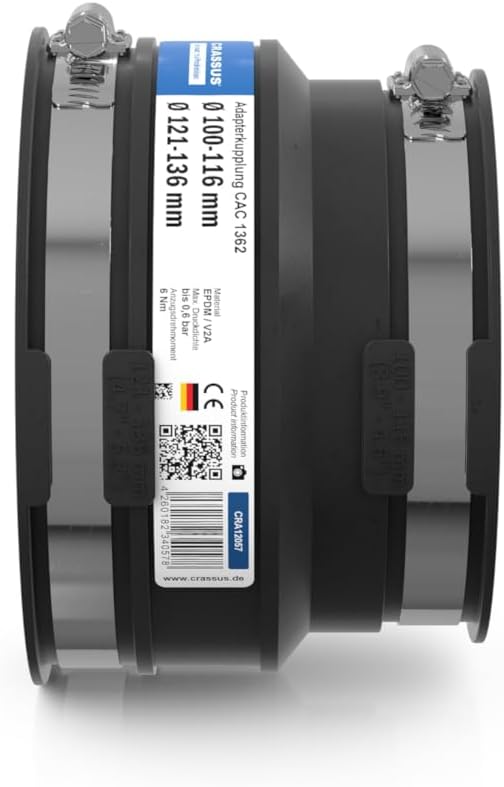 Crassus Adapterkupplung CAC 1362, EPDM / V2A, 1 Stück, 121-136 mm auf 100-115 mm, CRA12057, 121-136