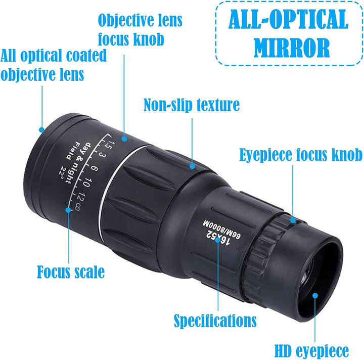 16X52 Monokular Teleskop, Monokulares Teleskop, Wasserdichtes Bak4 Prisma Dual Fokus Fernrohr Kompak