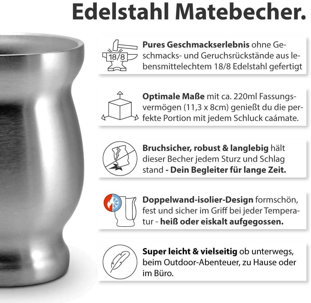 Mate Tee Set Bio ● 3 Matesorten + 2 doppelwandige Edelstahl Matebecher + 2 Bombillas + Zubereitungsa