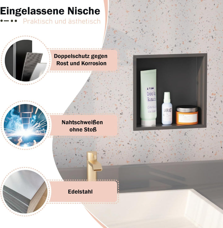 Wandmontierter Duschschrank Schwarz 30x30x10 cm Edelstahl-Duschablage mit unterputziger Basis, geeig