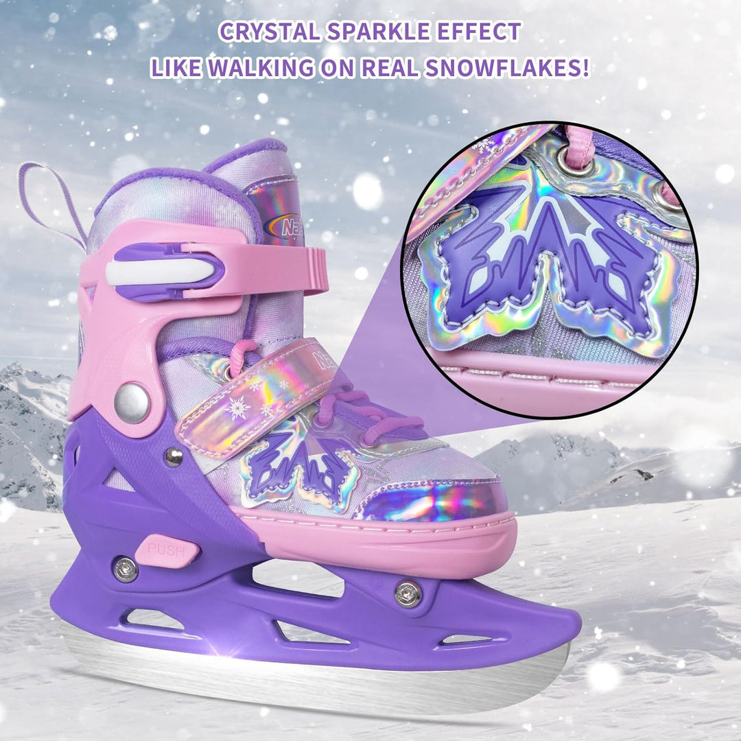 Nattork verstellbare Kinder Eisrutschen - 4 Grösse Schneeflocken Spitze-Up Skates mit warmem Plüsch