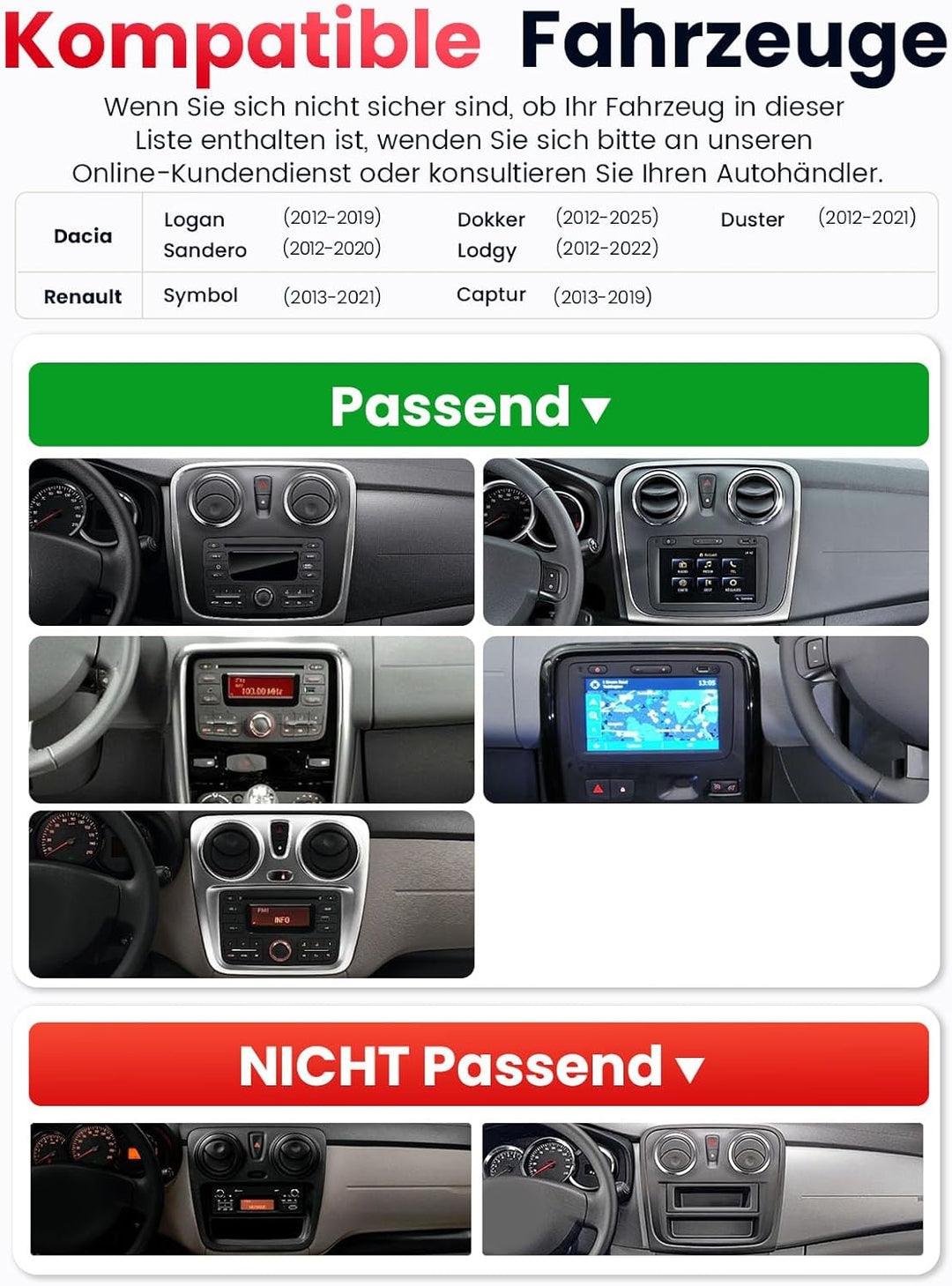 Doppel DIN Autoradio mit Bildschirm für Dacia Logan Duster, Renault Captur, Wireless CarPlay & Andro