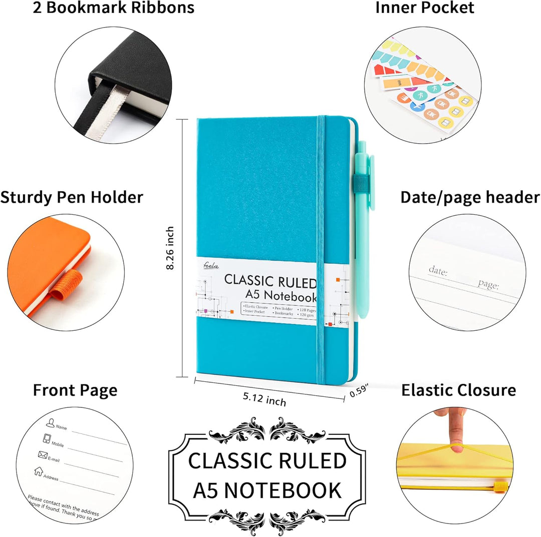 Feela Notizbuch A5 liniert Hardcover, 5 buntes Notizbücher Set, Journal Buch mit 5 Gelstifte schwarz