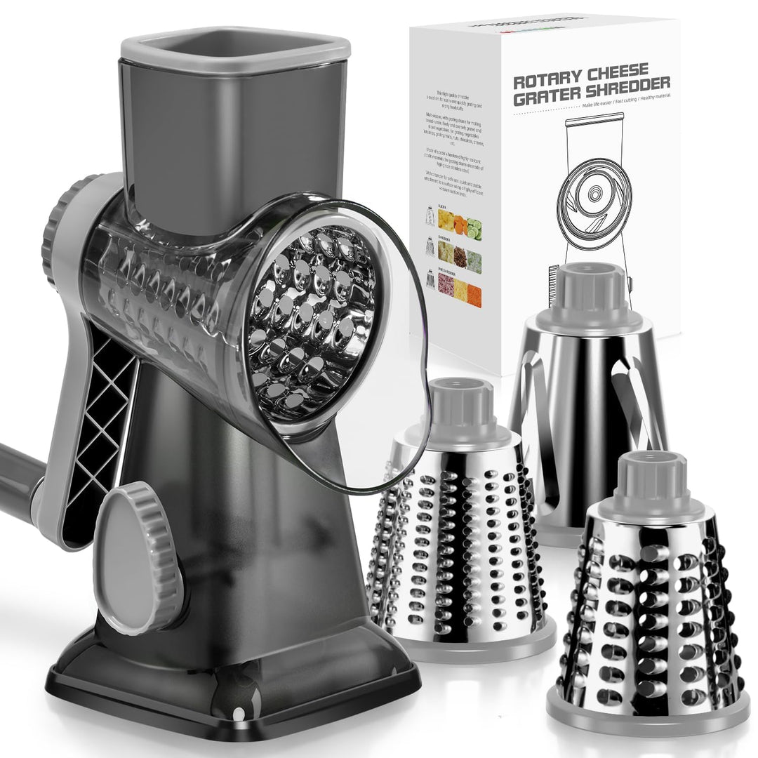 Dreamhigh® Käsereibe mit Kurbel, Gemüseschneider 3 Edelstahl Austauschbaren Trommelklingen, Manuelle