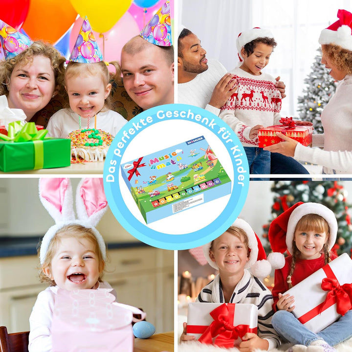 MOMUSE Baby Spielzeug ab 1 Jahr mit 80 Tönen, Upgraded Musik Matte mit 10 Tiere &amp; 10 Autos, Klavierm