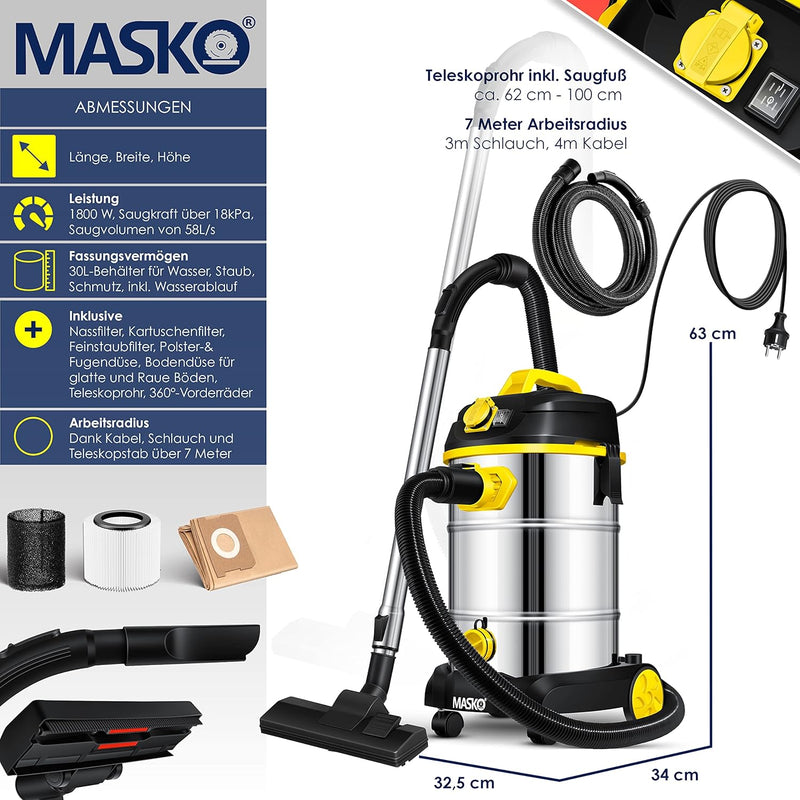 Masko® Industriestaubsauger 1800Watt Mit Steckdose Blasfunktion | Mehrzwecksauger Trocken-Saugen & N