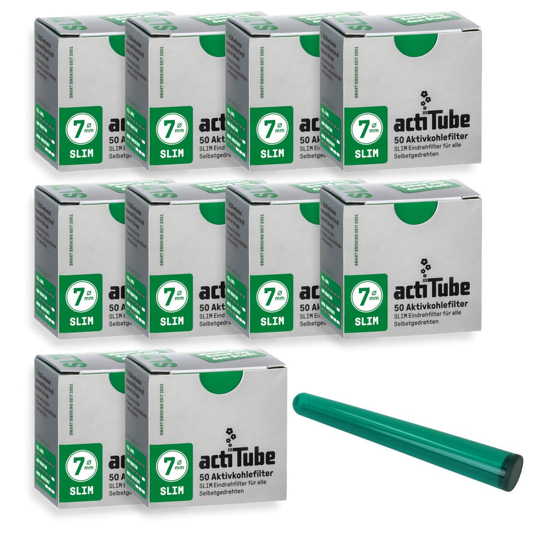 actiTube Slim-7mm-Aktivkohlefilter 10 x 50er Schachtel Filter Plus kostenlose Jointhülle, Silber, 10