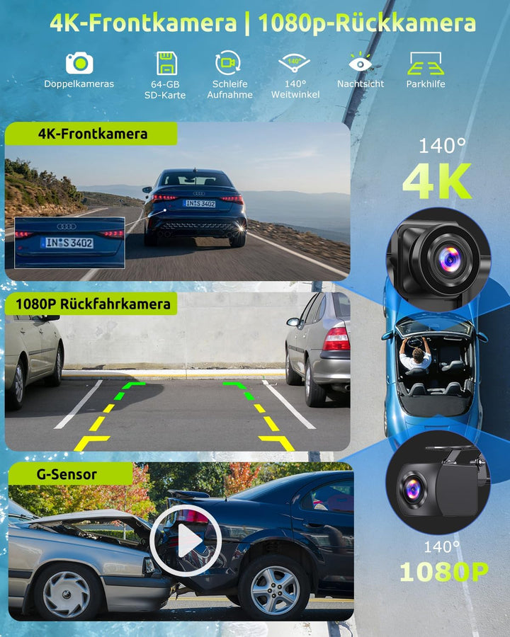 ESSGOO 10.26 Zoll Kabelloses CarPlay Display mit 4K Dashcam 1080P Rückfahrkamera Drahtloser Apple Ca