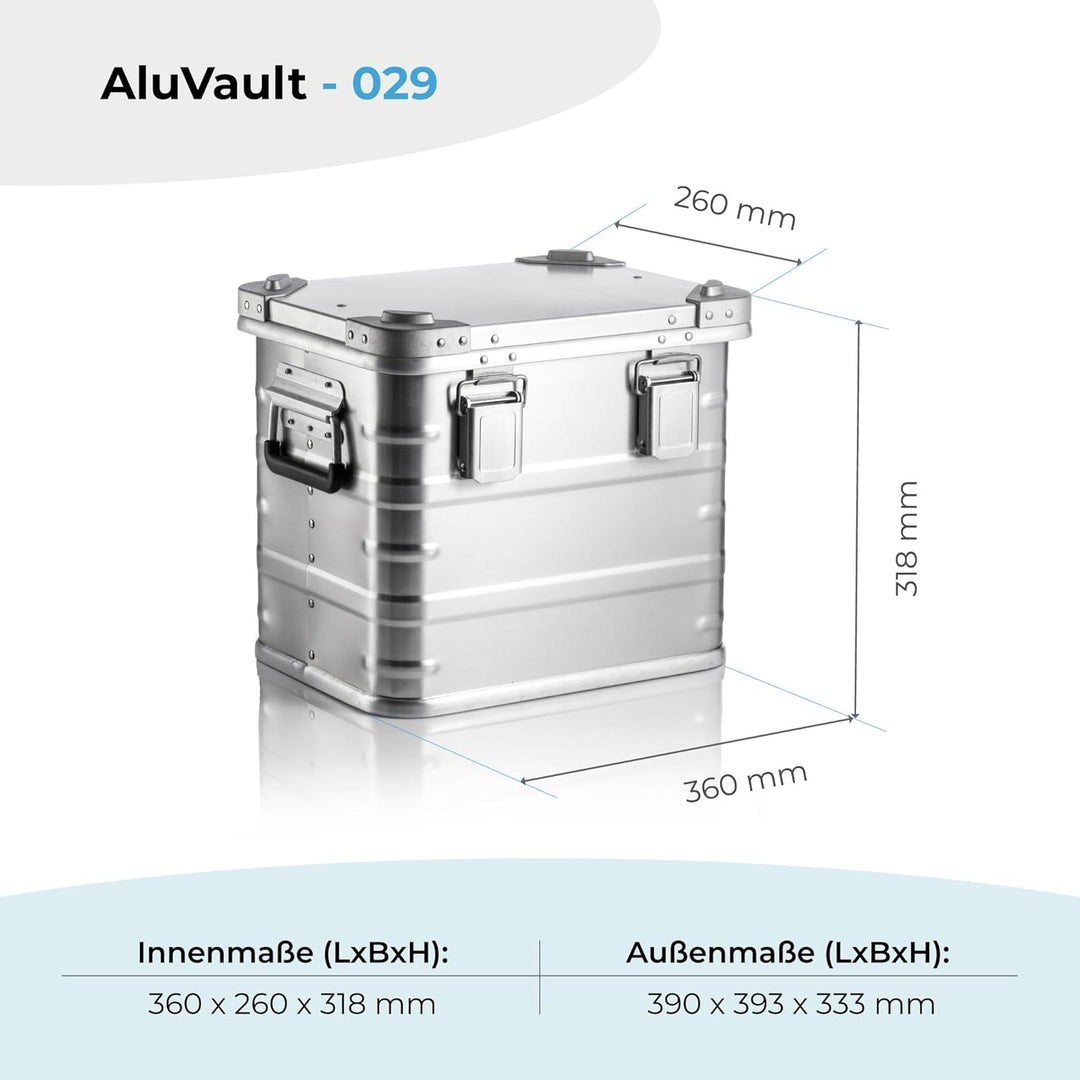 AluVault 029L – Alubox mit Deckel, Aluminium Aufbewahrungsbox, Alukiste, Spritzwassergeschützt, Stau