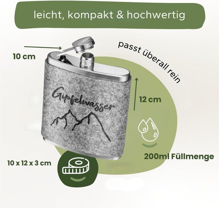 Gipfelgaudi Flachmann mit Filzüberzug & Lasergravur – 200 ml Edelstahl Taschenflasche | Stilvoller B