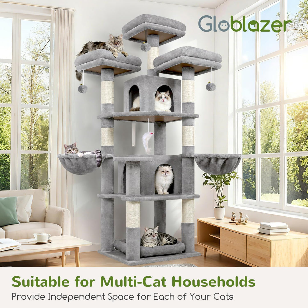 Globlazer Kratzbaum Stabil 174 cm mit 3 Gepolsterte Sitzstangen, 2 Katzenhaus, 2 Korb, Abnehmbares H