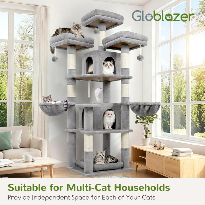 Globlazer Kratzbaum Stabil 174 cm mit 3 Gepolsterte Sitzstangen, 2 Katzenhaus, 2 Korb, Abnehmbares H