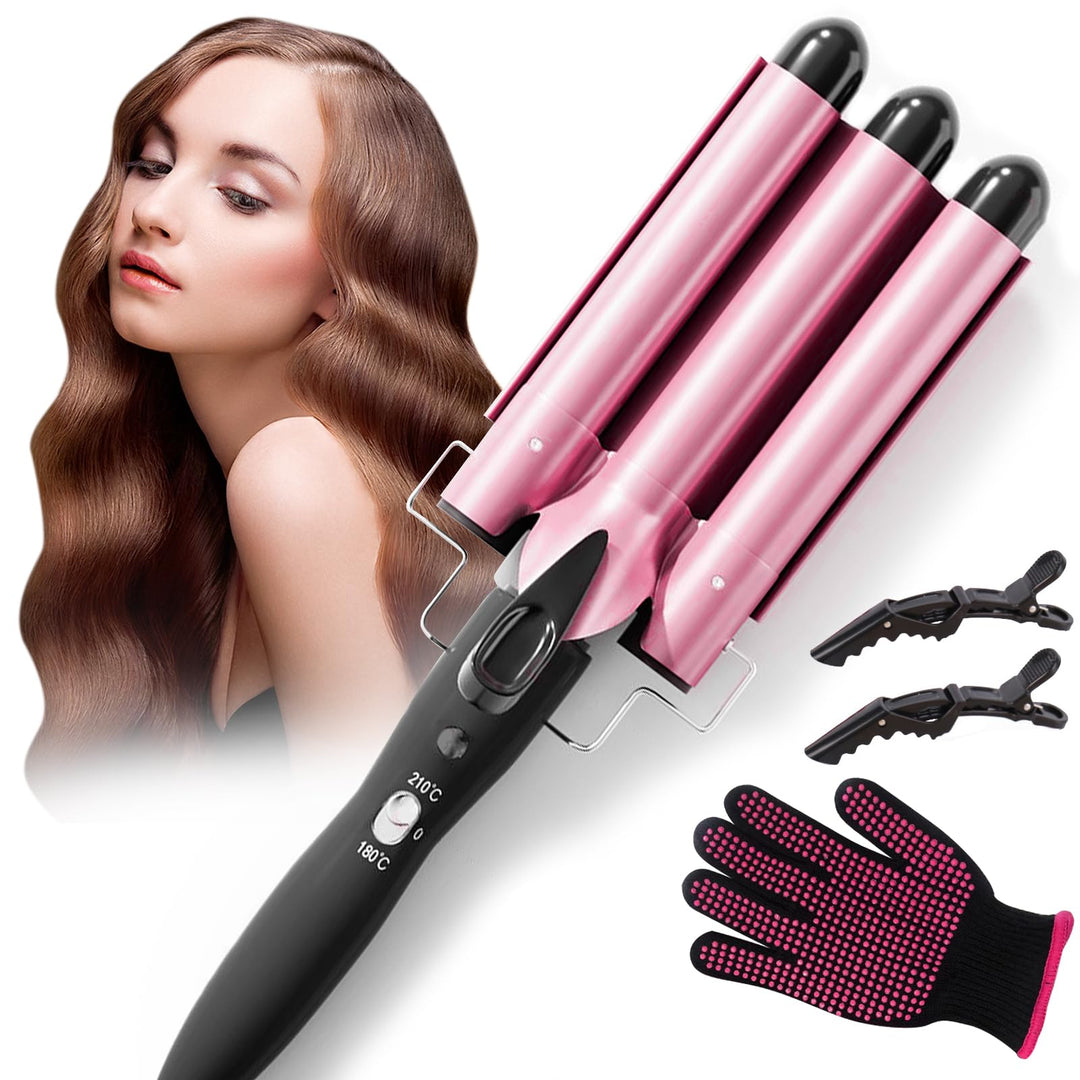 Lockenstab 3 Fässer Welleneisen,22mm Grosse Welleneisen für Haare Beach Waves Lockenwickler,Turmalin
