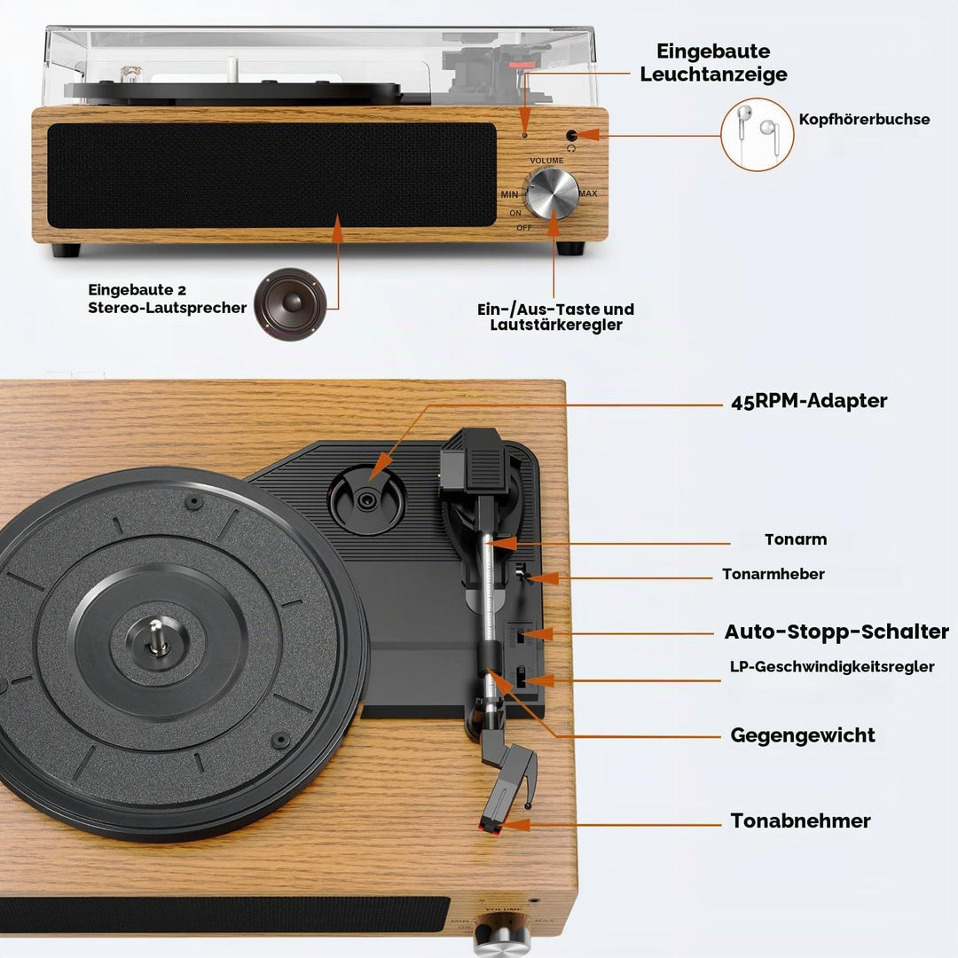 FYDEE Plattenspieler, Bluetooth 5.4 Schallplattenspieler mit Einstellbarer Auflagekraft, 2x3W Stereo