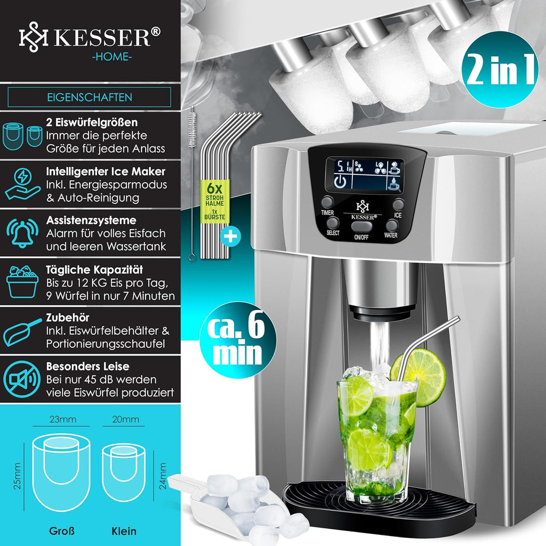 KESSER® Eiswürfelbereiter | Eiswürfelmaschine Edelstahl | 100W Ice Maker | 12 kg 24 h | 2 Würfelgrös