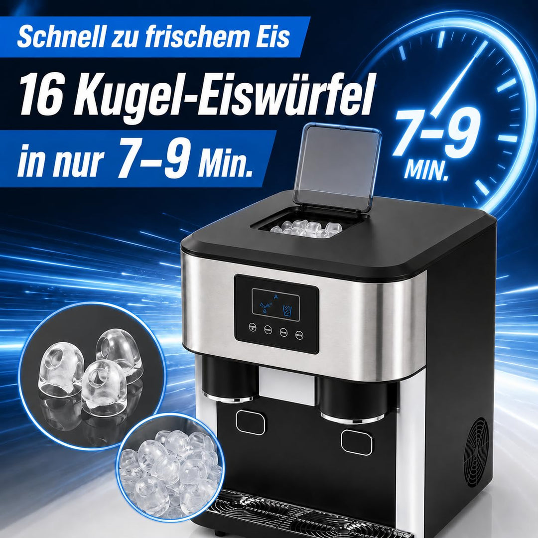 3-in-1 Eismaschine Wasserspender Eiswürfel &amp; Eiscrusher LCD 7-9 Min 16 Eis | 16 Kugel-Eis pro Zyklus